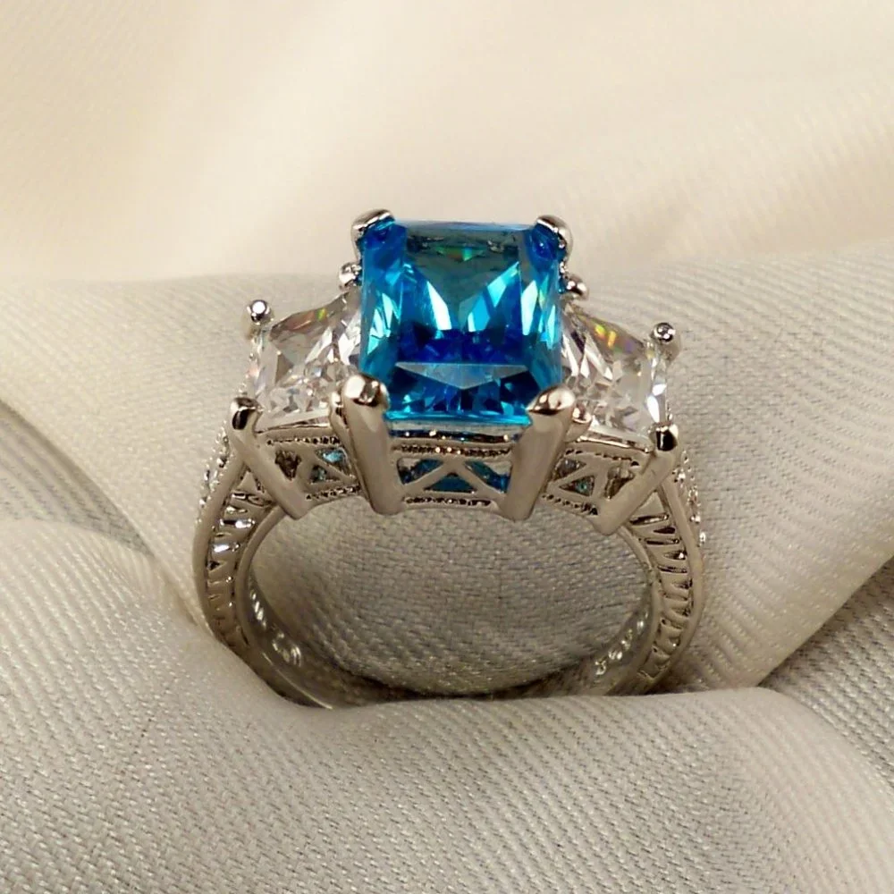 NEW Radiant Cut Blue Cubic Zirconias Silver DESIGNER Ring